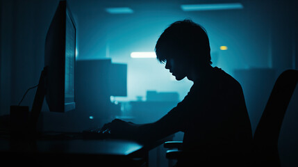 Stressed developer working late at computer setup, surrounded by multiple monitors and coffee cups, showcasing the challenges of modern tech work and mental pressure in a fast-paced digital environmen
