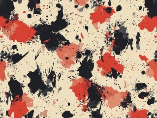 Aufkleber - Abstract seamless pattern with red and black ink splatters on beige background.