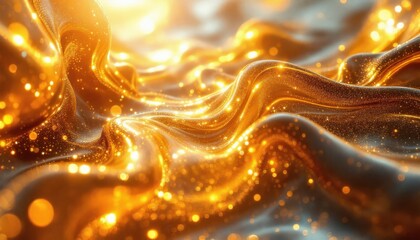 Poster - Golden shimmering waves with sparkling lights in abstract motion