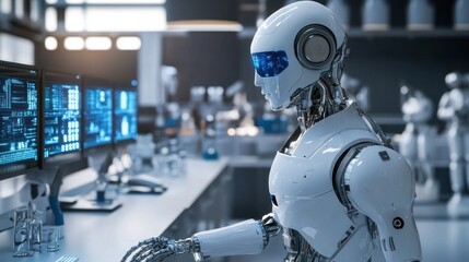 Poster - advanced robotic system analyzing data in modern laboratory