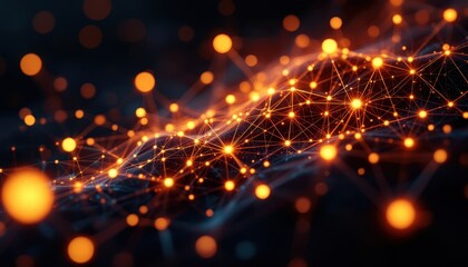 Fototapete - Glowing network: abstract digital technology background with orange light connections