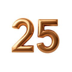 3d gold number 25 isolated on transparent background