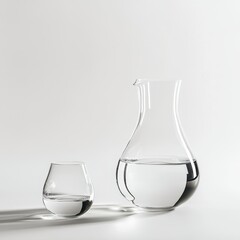 Poster - Clear glass pitcher and tumbler filled with water on white background.