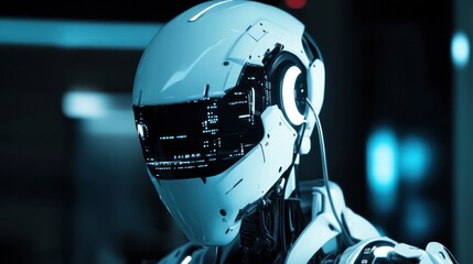 Poster - Futuristic Robot Head: AI Digital Visor Closeup