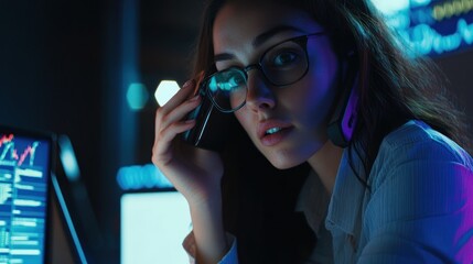 Poster - Nighttime Focus: Young Woman on Phone, Data Glows