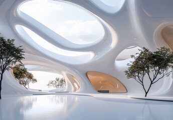 Aufkleber - Futuristic white organic architecture interior with trees and skylights.