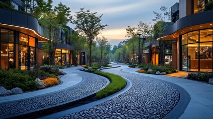 Wall Mural - A city street with a cobblestone walkway and a row of shops