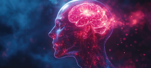 Futuristic Robot Head with Glowing Neural Connections and Transparent Skull in Digital Art Style