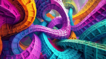 Poster - Colorful Abstract Structures Intertwine in a Vibrant Display of Curves and Angles Amid Swirling Light