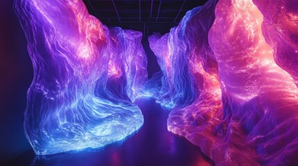 Poster - Immersive Light Installation Showcasing Flowing Colors and Textures in a Modern Art Space