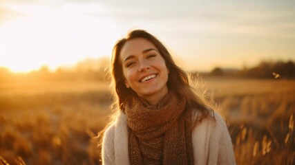 Fototapete - Backlit Portrait of calm happy smiling free woman with closed eyes enjoys a beautiful moment life on the fields at sunset	
