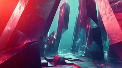 Poster - Vibrant Crystalline Formations Rise From a Reflective Ocean Surface Under a Surreal, Colorful Sky at Twilight