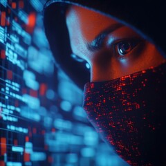 Poster - Masked hacker in a glowing virtual city cyberpunk aesthetic poster futuristic technology urban environment close-up view