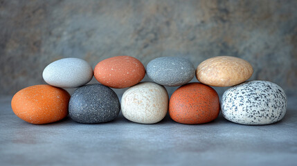 Wall Mural - A collection of smooth pebbles arranged on a white background, symbolizing balance, simplicity, and natural harmony. Modern blurred empty space on the side offers room for creative captions.

