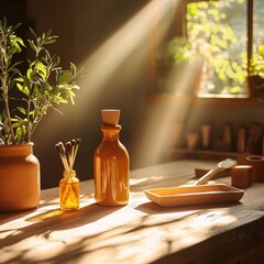 Poster - Handcrafted goods showcased on rustic table warm sunlight artistic flat lay unique display cozy environment
