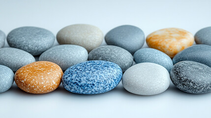 Wall Mural - A collection of smooth pebbles arranged on a white background, symbolizing balance, simplicity, and natural harmony. Modern blurred empty space on the side offers room for creative captions.

