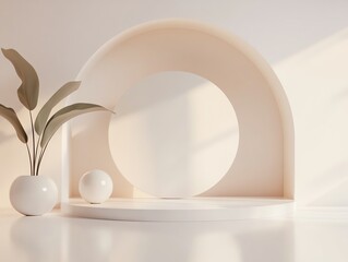 Poster - Modern Interior Design Featuring Minimalist Display With Natural Elements and Soft Sunlight in a Serene Setting