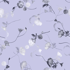 Wall Mural - Floral seamless pattern features delicate purple California Poppy flowers in various stages of bloom and leaves on a light purple background