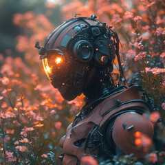 Poster - a futuristic robot with a detailed cybernetic design, standing among flowers. Its metal body and helmet with numerous technological elements look powerful and mysterious 