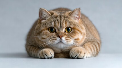 Wall Mural - A fluffy, orange tabby cat with large eyes, crouching and looking curiously at the viewer.