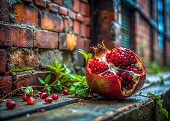 Poster - Urban Decay: Vibrant Pomegranate Seeds Amongst Concrete Ruins