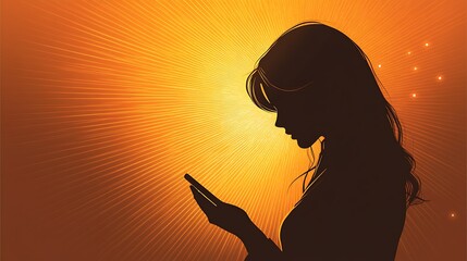 Canvas Print - Silhouette of woman using smartphone, backlit by warm light.