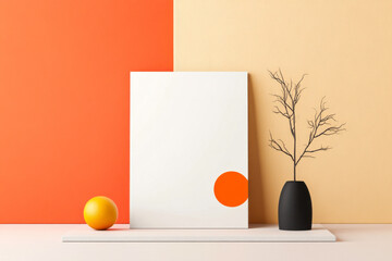 Wall Mural - A minimalist composition featuring a blank canvas, a branch in a black vase, and geometric shapes against colorful walls.