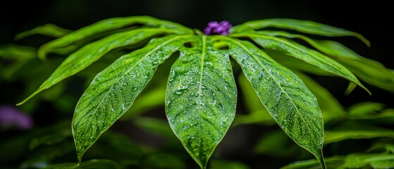 Lush Green Monstera Plant Leaves with Dew Drops   Exotic Tropical Foliage