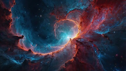 a vibrant nebula in space featuring a striking red and blue star generative ai