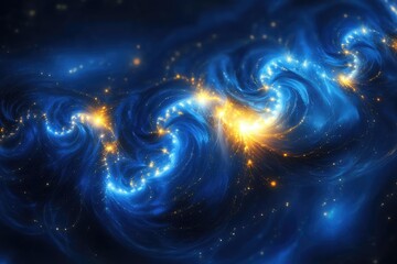 Wall Mural - ethereal cosmic nebula with shimmering golden fractals deep blue cosmos with luminous swirls