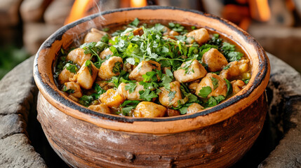 Canvas Print - traditional clay pot simmering with flavorful ingredients and herbs