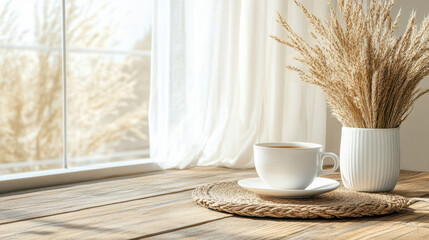 Wall Mural - warm morning scene with cup of tea and dried flowers by window