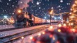 © cllareta - Festive steam train arriving at a snow-covered station at night, adorned with Christmas lights.