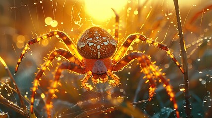 Macro Shot of a Spider Weaving Its Web in Golden Morning Light