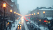 © Lola - snowfall and defocused lights evening wintry city, dreamy atmosphere. isolated with white shades