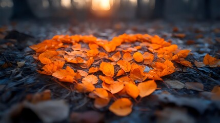 Wall Mural - A heart made of orange leaves on the ground