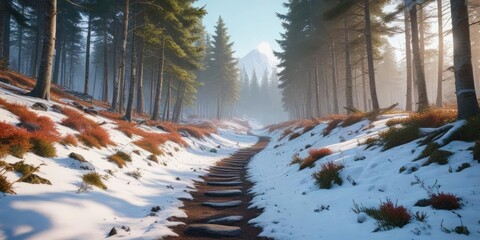 Wall Mural - forest with a narrow path leading to the top of a snowy hill , frost, winter, serene