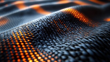 Close-up of textured carbon fiber fabric with orange highlights. Illustrates strength, technology, and modern design concepts.