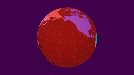 Poster - Spinning planet. Slanted sphere view. Slow speed globe rotation. Colored continents style. World map with sparse graticule lines on a dark background. Creative animation.