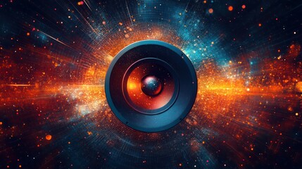 Poster - Speaker in vibrant cosmic explosion.