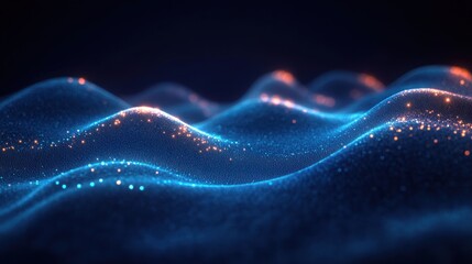 Fototapete - Digital Abstract Wave Background with Flowing Light Particles and Ethereal Illumination in Blue and Cyan