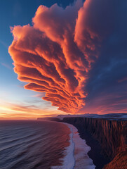 Wall Mural - wing shaped cotton clouds with red edges are arranged flat in the sky, one after another.