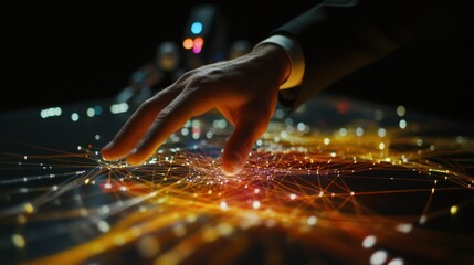 Poster - Hand interacts with global network data, robot in background; tech innovation