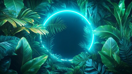 Wall Mural - Green and Blue Neon circle glowing Light with Tropical Leaves