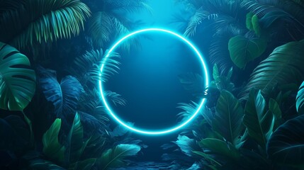 Wall Mural - Green and Blue Neon circle glowing Light with Tropical Leaves