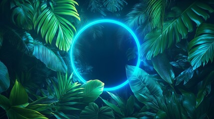 Wall Mural - Green and Blue Neon circle glowing Light with Tropical Leaves