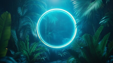 Wall Mural - Green and Blue Neon circle glowing Light with Tropical Leaves