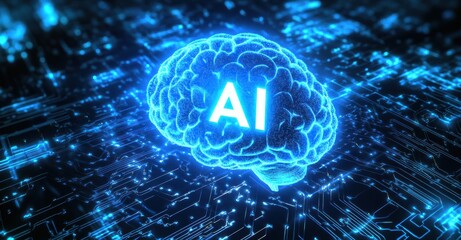 Poster - Digital brain with AI symbol representing artificial intelligence on circuit background