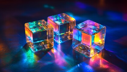 Poster - Three iridescent glass cubes reflecting vibrant light.
