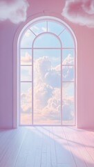 Poster - Pastel room with arched window, cloudscape view.